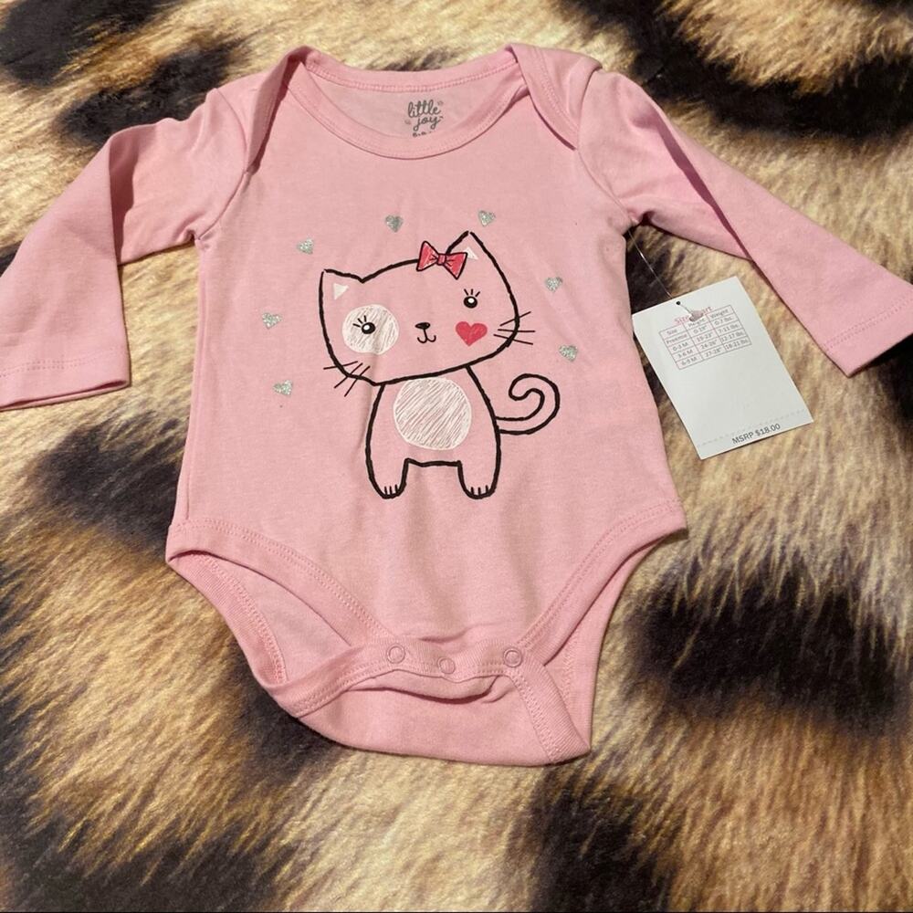 NWT Little Joy Pink Kitty Cat Long Sleeve Bodysuit Baby Girl Size 6-9 Months